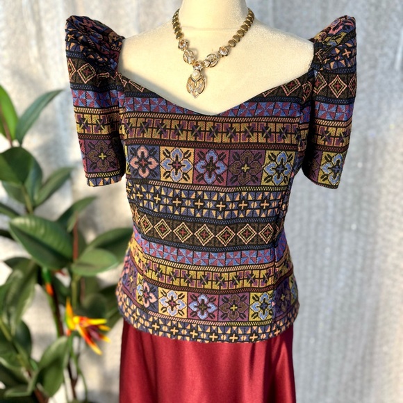 Patterned Style Inabel (wooven) blouse Terno & Red Maroon Charmeuse Full Skirt - Picture 6 of 8
